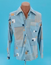 Men's VTG 70s Light Blue Yellow Geometric Polyester Shirt Sz M 1970s Disco