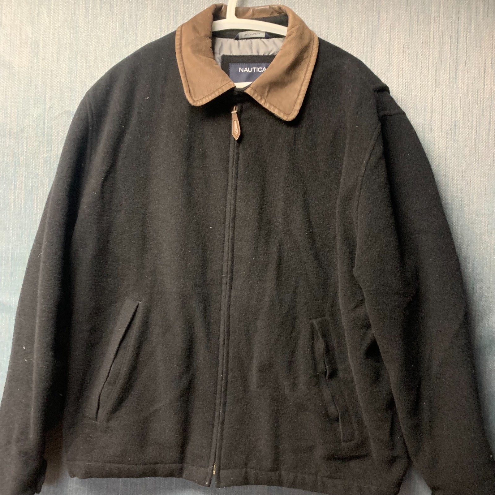 Nautica Men's Jacket Size L Black Thermosoft Insulated Full Zip Leather Collar