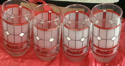 4 Coca Cola Vintage Tiffany Style Stained Frosted Glasses MCM