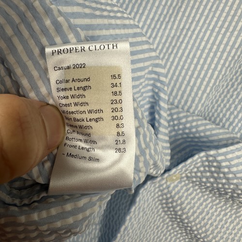 Proper Cloth Shirt Mens Medium Slim Blue White Striped Seersucker Button Down - Picture 7 of 8