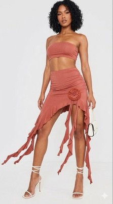 Pretty Little Things Burgundy Jersey Bandeau Crop Top & Skirt Set Size XS