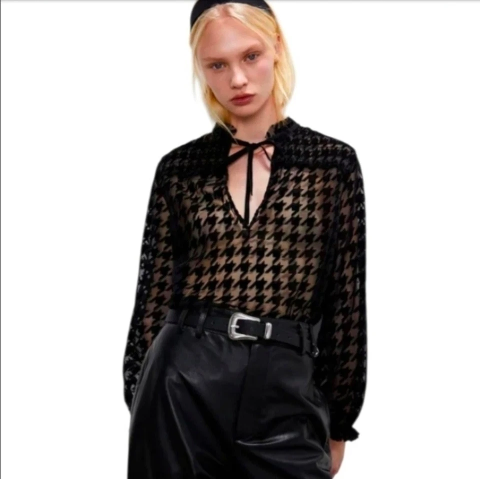 ZARA BLUSA CORBATA FLOCADA PATA DE GALLO NEGRA TRANSPARENTE Y TERCIOPELO MUJER TALLA XL Foto 2 de 4