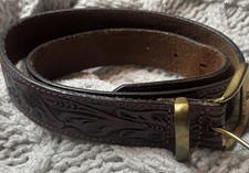 Woman s Vintage Floral Embossed Brown Leather Belt Brass Buckle
