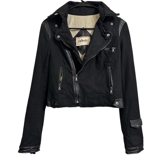 Jakett Josey New York Moto Jacket Cropped Black Leather Trim Cotton Blend Size S