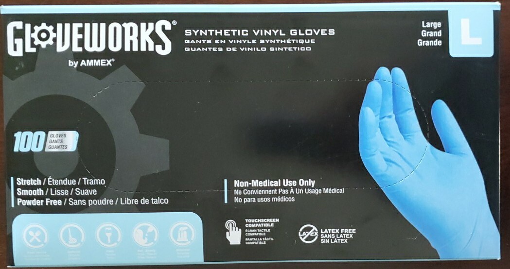 Gloveworks Blue Synthetic Vinyl Gloves Powder Latex Free Sz L 100 Count