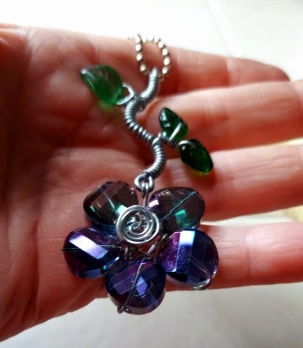 Wire Wrapped Austrian Crystal AB Pendant On Silver Chain Necklace 20" Purples - Picture 5 of 6