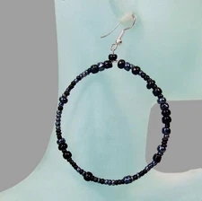 2" Thin Black Hematite Color Round Hoop BOHO Handmade Seed Bead Dangle Earrings 