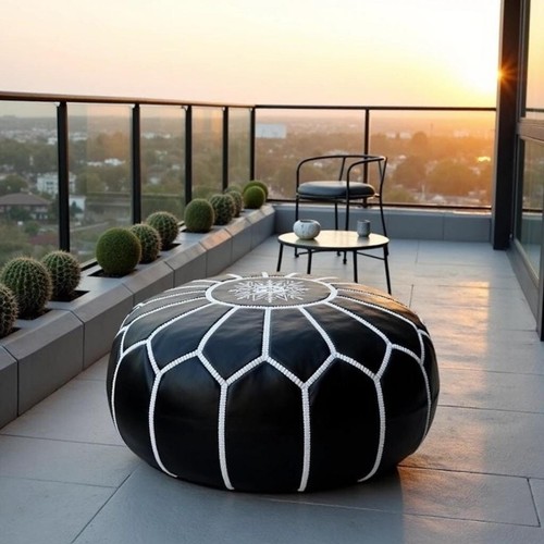 2x Set Traditional Black Pouf Modern Moroccan Footstool -Handcrafted Leather - Picture 7 of 8