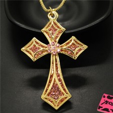 Hot Fashion Women Rhinestone Pink Cross Religion Crystal Pendant Chain Necklace