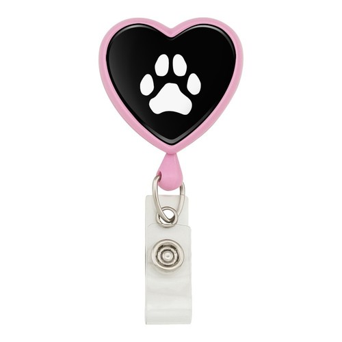 Paw Print Dog Cat White on Black Heart Lanyard Reel Badge ID Card Holder - Bild 1 von 7
