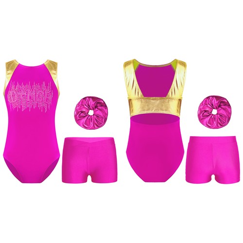 Kids Girls Rompers Sport Bodysuit 3 Piece Leotard With Shorts Dance Sequins Gym - Picture 24 of 59