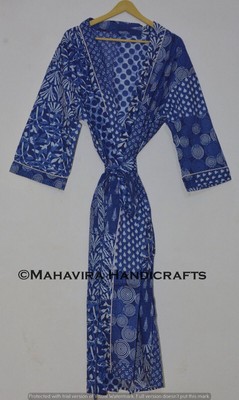 Women Pure Cotton Indigo Blue Lingerie Night Gown Sleepwear Boho Kimono Robe