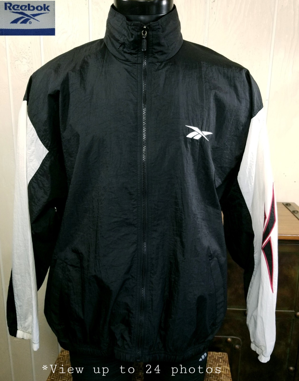 Reebok Crinkle Nylon Black White VTG Full Zip Windbreaker Track Jacket Men's L