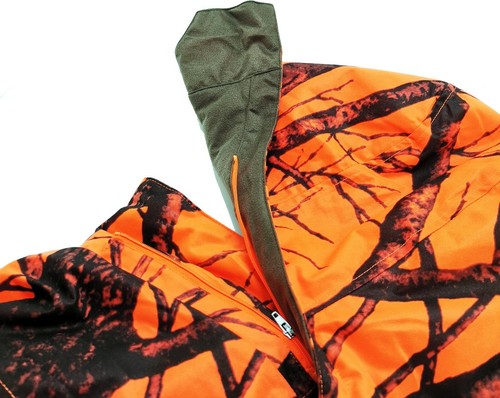 Orange Camo Men's Hunting Jacket Winter Blazer Lined Hiking Coat Hood Removable - Picture 3 of 5