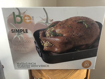 Basic Essential Roaster with V-Rack 16x12x3'' Non-Stick Steel Great For Turkey