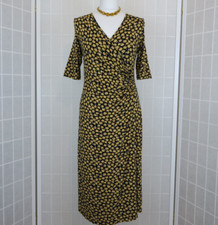 M&S Woman Faux Wrap Dress UK 12 Black Mustard Floral Ruched Side Stretch Jersey