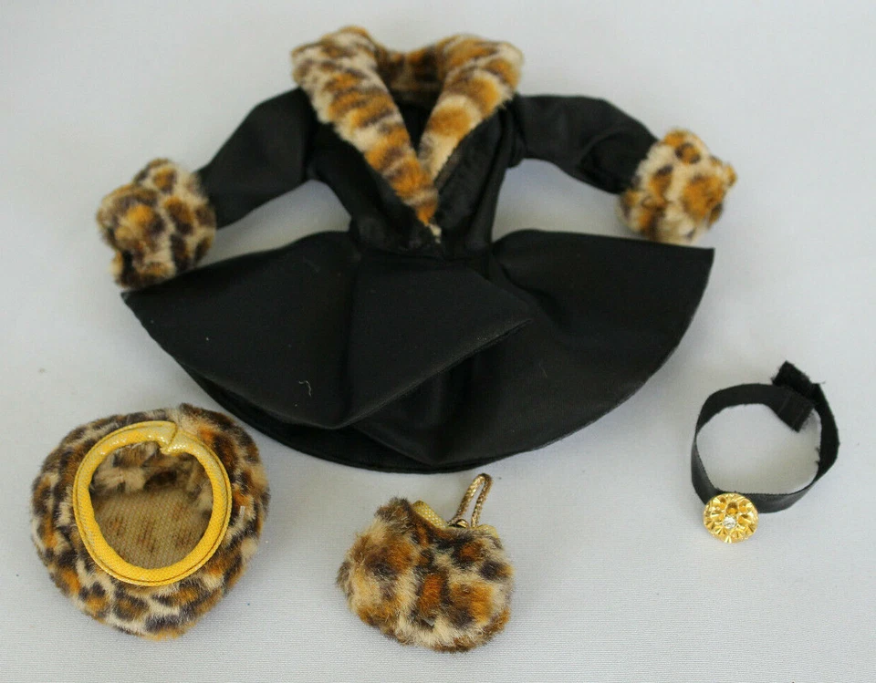 Black Satin Barbie Coat Jacket Leopard Faux Fur Collar Hat Belt Fashion Outfit - Image 2 of 4