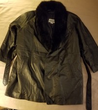 Fitz Wright Women's Large Vintage Vtg 80s Black Leather Opossum Fur Coat Jacket