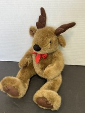 REINDEER Teddy Bear Plush Red Bow FULLY JOINTED Well Made Adorable Stuffed Toy