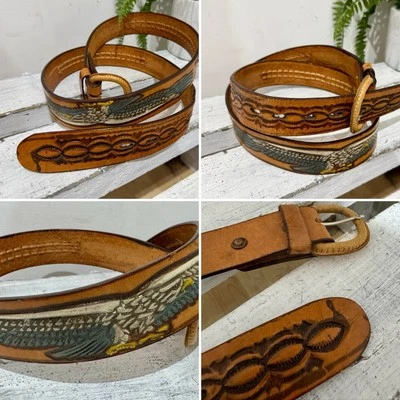 Men's Vintage Handmade Tooled Navajo Western Tan Painted Falcon Leather Belt 42 - Image 1 of 4