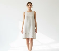 Minimalist Linen Shift Dress Size M Sleeveless Natural Embroidered Floral Dainty