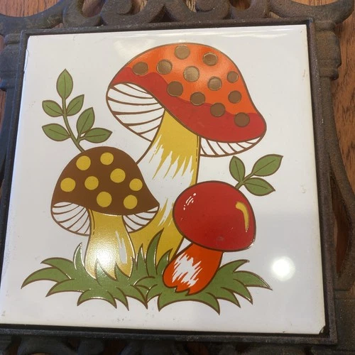 Vintage 1970s Merry Mushroom Tile & Cast Iron Trivet Sears Roebuck Made in Japan image 3