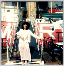 Vtg Color Snapshot Woman Curly Hair Glasses White Cardigan Skirt Ship Ramp 1980s