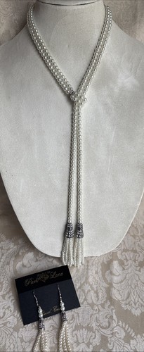 Park Lane 3” Faux Pearl Tassel Earrings & Slip Knot Lariat Antique Silver Tone - Picture 17 of 20
