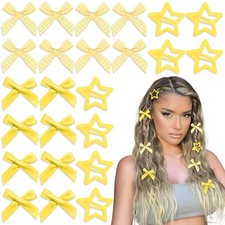 24PCS Yellow Bow Hair Clip 3 Styles Ribbon Hair Barrettes Metal Snap Star Hai...