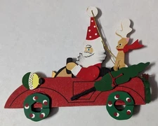 Schmid Emgee Christmas Ornament Santa Driving Red Car Reindeer Hawaii Wood Vtg
