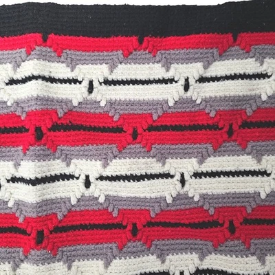 Handmade Crochet Throw Blanket Red Grey White Black Geometric Fringe 67x57 - Image 1 of 4