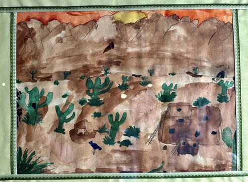 Primitive Art Painting Desert Landscape With Adobe Unsigned Framed 21x16” - Picture 2 of 6