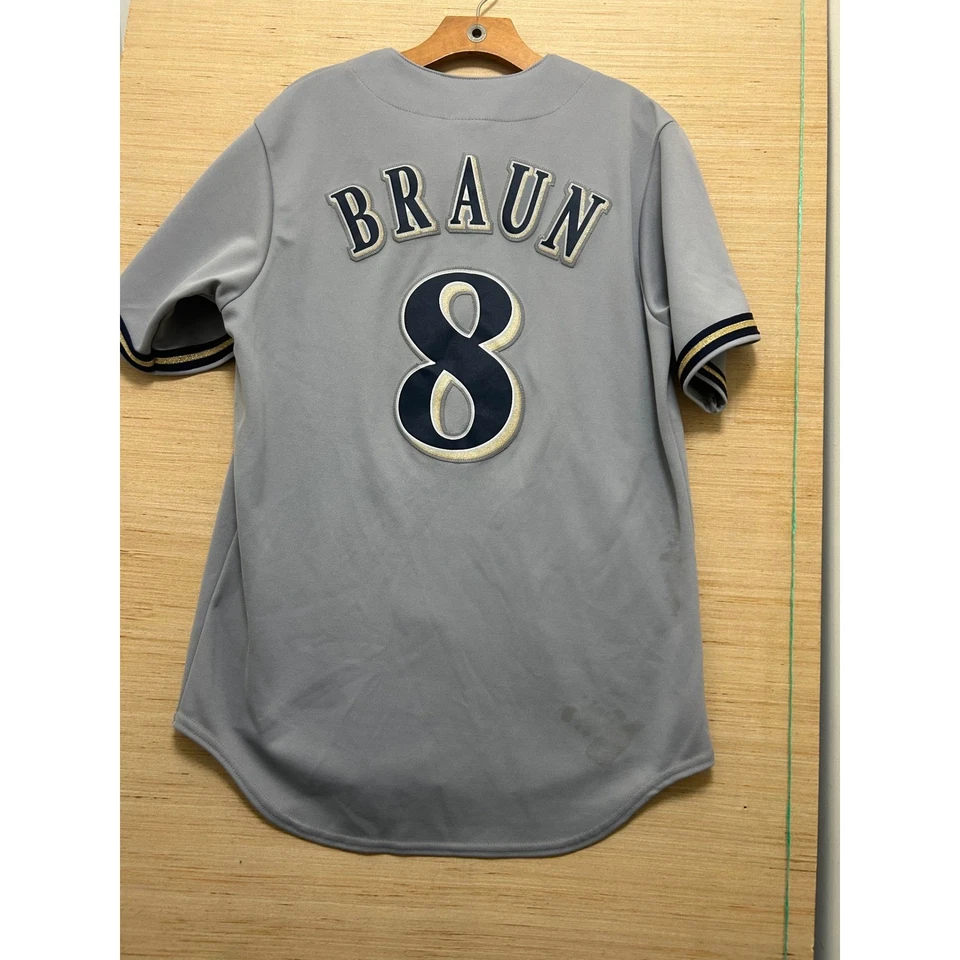 Majestic Milwaukee Brewers Braun #8 Jersey MLB Baseball Gray Mens Size M - Image 4 of 4