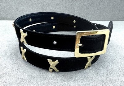 Vtg PALOMA PICASSO Slim BLACK Real SUEDE BELT Classic ''X'' Shiny Gold .75'' x 37''