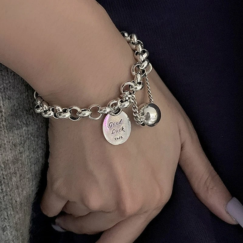 Silver Plated Ball Good Luck Tag Charms Bracelet Bangles Women Thick Chain