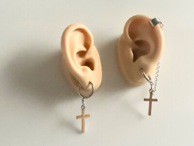 Cross Chain Hoop Cuff Earrings Jewelry Sold as Pair Men's Piercing Req'd
