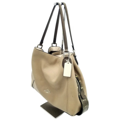 Coach Edie Turnlock Beige Triple Compartment Exotic Trim Shoulder