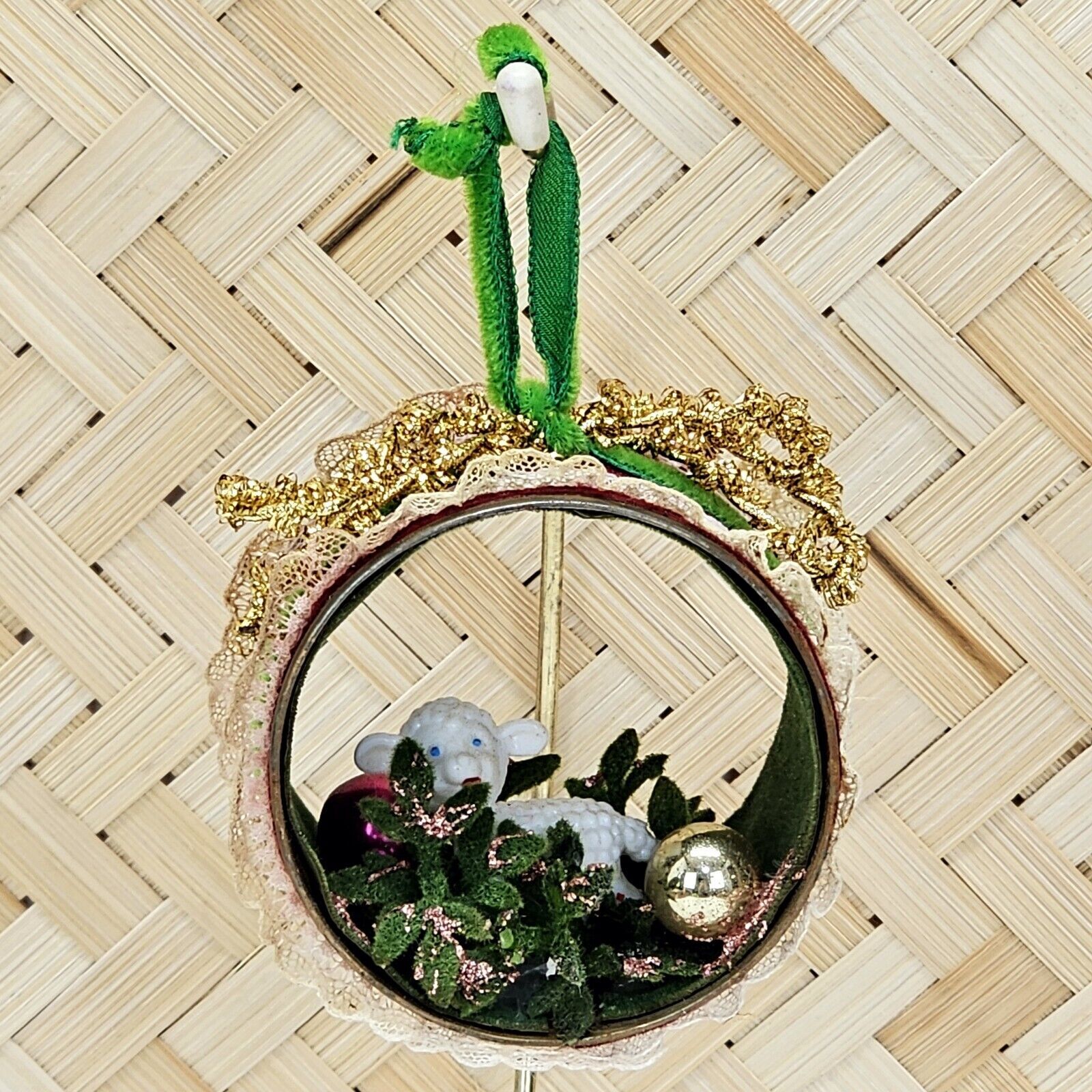 Vintage Diorama Christmas Ornament MCM Lamb Sheep Velvet Lace Metal