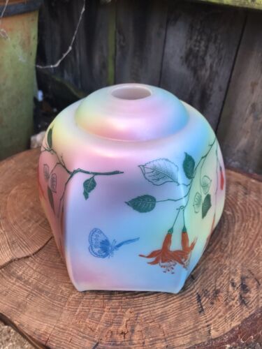Vintage Czech Art deco glass lampshade hand painted oriental butterfly floral - Picture 4 of 10