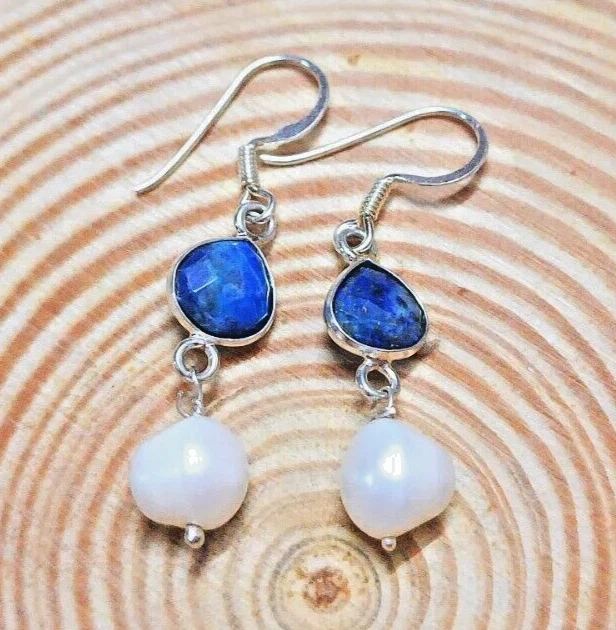 Orecchini in argento sterling 925 pendenti con lapislazzuli naturali e... - Immagine 3 di 3