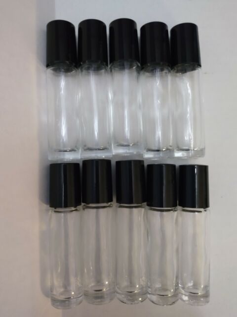 New 10 Ml Roller Bottles clear with Black lids. Plastic rollers lot of 10