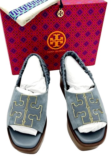 TORY BURCH SANDAL INES SLINGBACK PLATFORM SUEDE LEATHER BLUE GOLD LOGO SZ US 7 - Picture 10 of 10