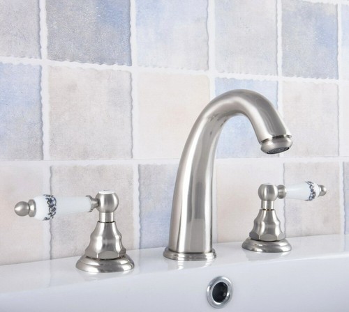 Bathroom Basin Sink Mixer Tap Brushed Nickel 3 Holes Two Handle Taps Faucet - Picture 3 of 7
