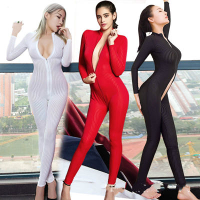 Super Elastisch Striped Bodystocking Overalls Body Catsuit Langarm 2-way Zipper