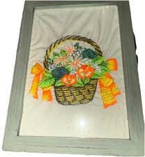 Adorable Vintage Cross Stitch Basket of Flowers Framed Picture 4x6