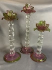 Set Of 3 VTG Murano Floriform Pink & Green Rose Swirled Blown Glass Candlesticks