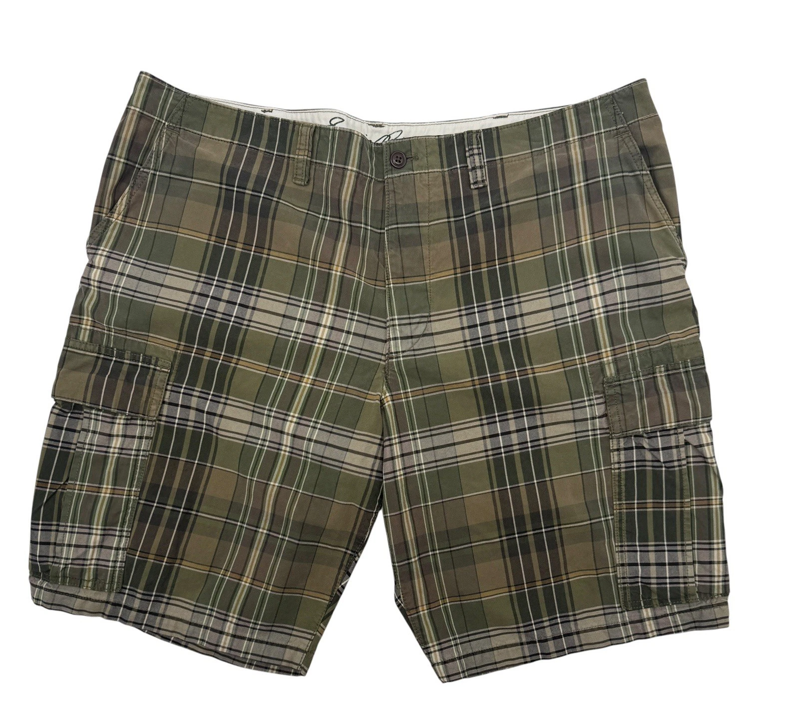 Eddie Bauer Cargo Shorts Mens 44 Plaid Green Brown Cotton 11” Inseam Utility
