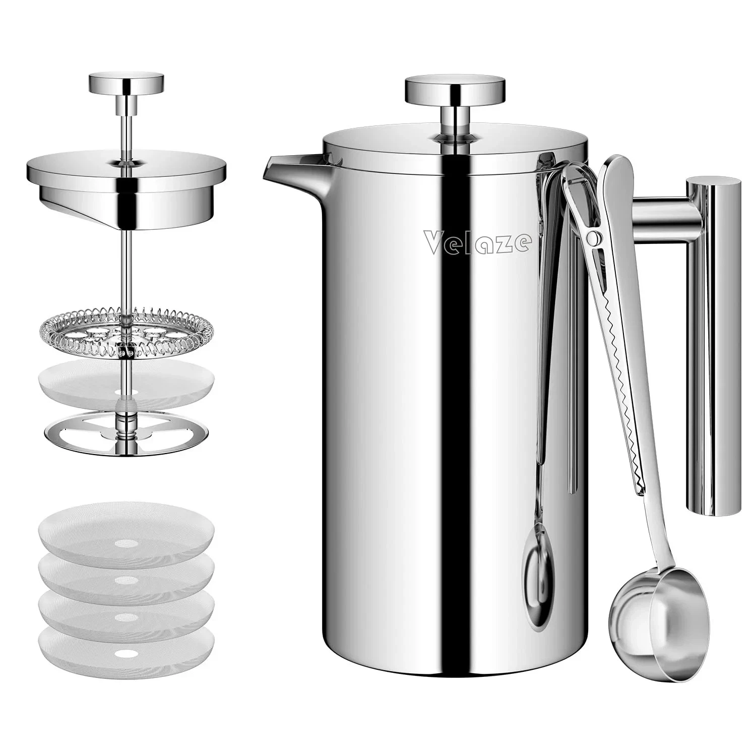 Velaze French Press Coffee Pot 1L Stainless Steel Double Wall with Spoon – Stain