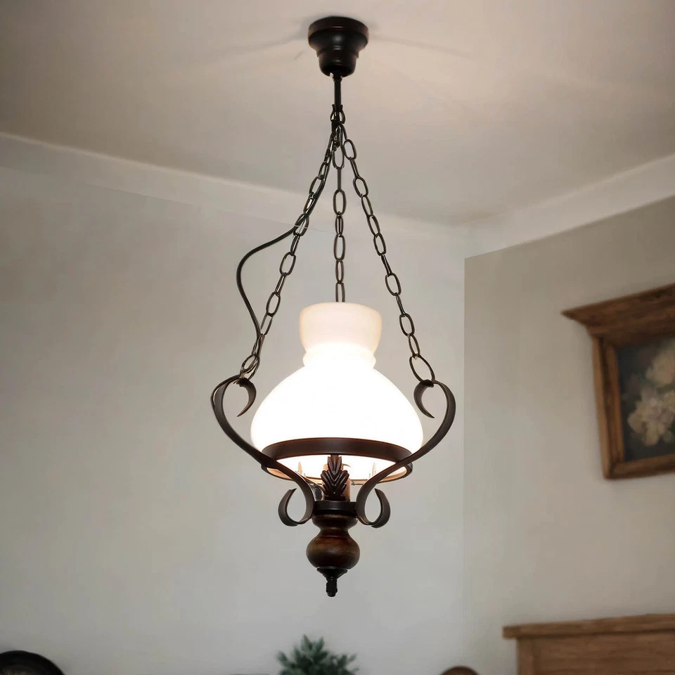 Landhausstil Hängeleuchte Braun Echt-Holz Glas Metall E27 Pendel Leuchte Lampe - Bild 1 von 4