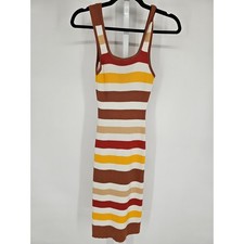 Jolie & Joy Womens Sz XL Midi Length Sweater Dress Brown Yellow Striped Ribbed